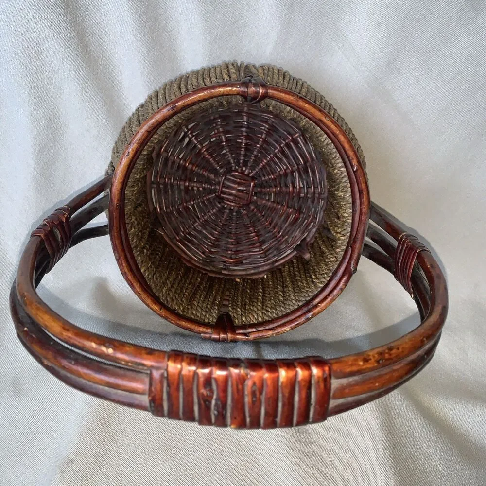 Woven Wicker  & Jute Rope Basket Round w/ Handle 10”D x 12”H Rustic Country Farm
